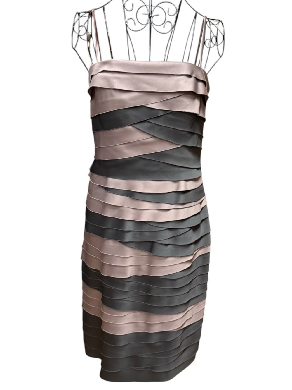 JS Collections Layered Satin Cocktail Dress in Taupe and Charcoal